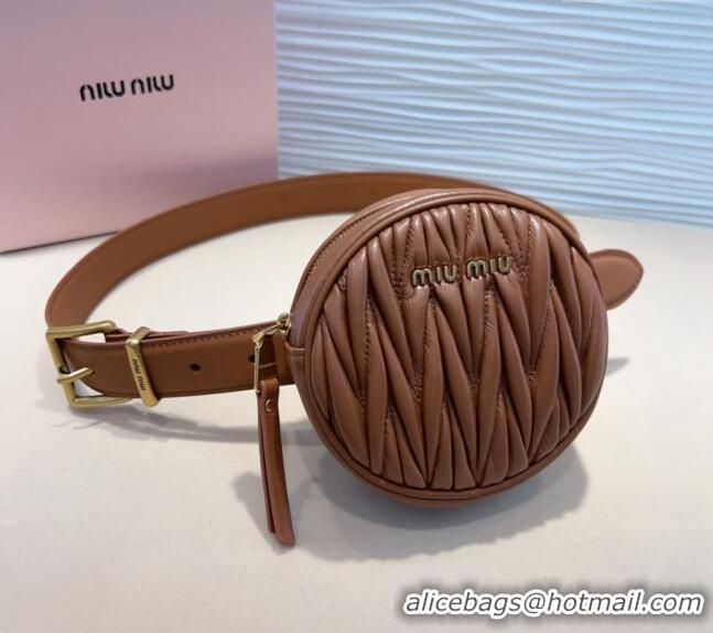 Good Looking Miu Miu Matelasse Leather Round Pouch Belt 3cm 0708 Brown 2024