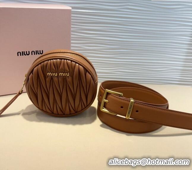 Good Looking Miu Miu Matelasse Leather Round Pouch Belt 3cm 0708 Brown 2024