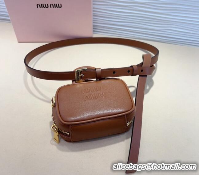 Grade Cheapest Miu Miu Leather Pouch Belt 1.5cm with Pin Buckle 0708 Brown 2024