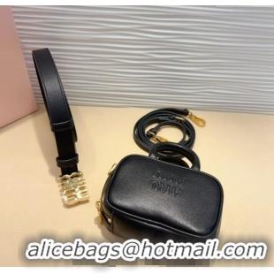 Best Price Miu Miu Leather Pouch Belt 2cm with Logo Buckle 0708 Black 2024