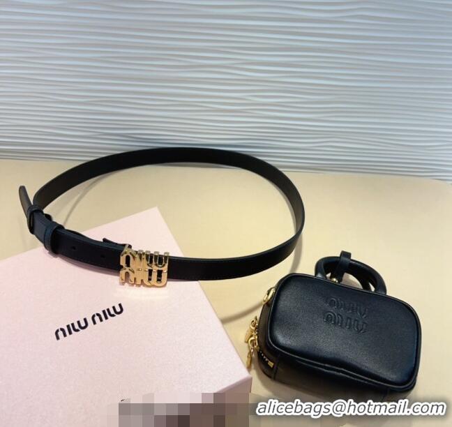 Best Price Miu Miu Leather Pouch Belt 2cm with Logo Buckle 0708 Black 2024