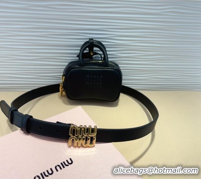 Best Price Miu Miu Leather Pouch Belt 2cm with Logo Buckle 0708 Black 2024