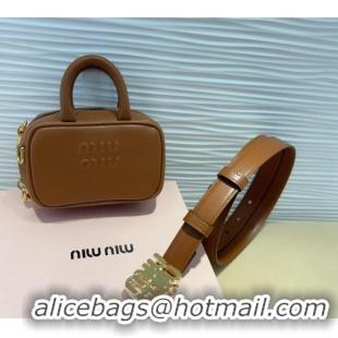 Low Cost Miu Miu Leather Pouch Belt 2cm with Logo Buckle 0708 Brown 2024