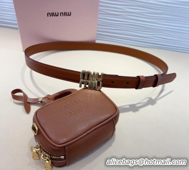 Low Cost Miu Miu Leather Pouch Belt 2cm with Logo Buckle 0708 Brown 2024