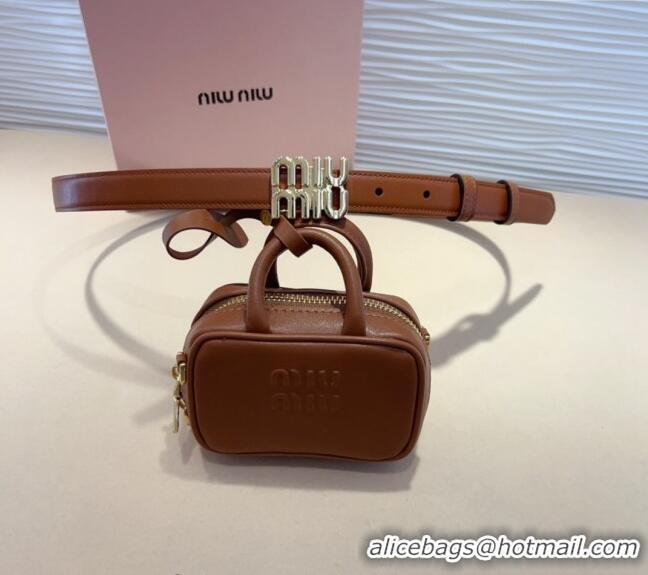 Low Cost Miu Miu Leather Pouch Belt 2cm with Logo Buckle 0708 Brown 2024