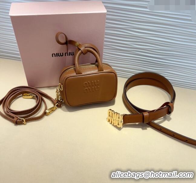 Low Cost Miu Miu Leather Pouch Belt 2cm with Logo Buckle 0708 Brown 2024