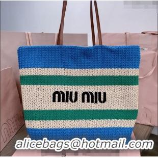 Best Product Miu Miu Crochet fabric tote bag 5BG228 Blue/Beige/Green 2024