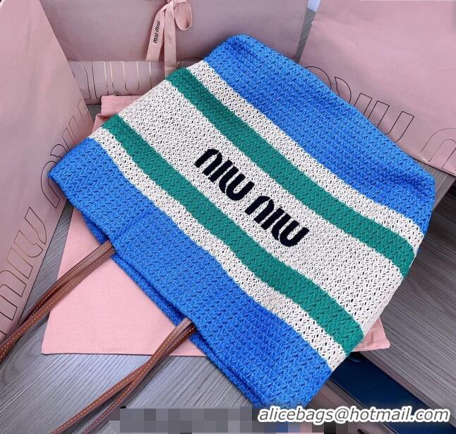 Best Product Miu Miu Crochet fabric tote bag 5BG228 Blue/Beige/Green 2024