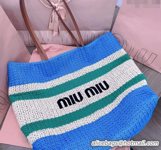 Best Product Miu Miu Crochet fabric tote bag 5BG228 Blue/Beige/Green 2024