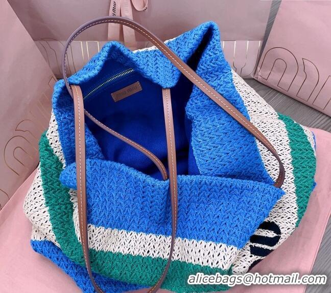 Best Product Miu Miu Crochet fabric tote bag 5BG228 Blue/Beige/Green 2024