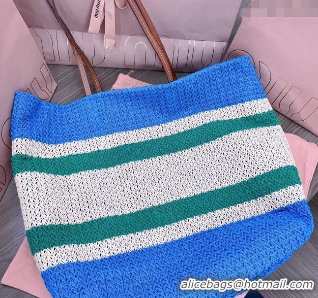 Best Product Miu Miu Crochet fabric tote bag 5BG228 Blue/Beige/Green 2024