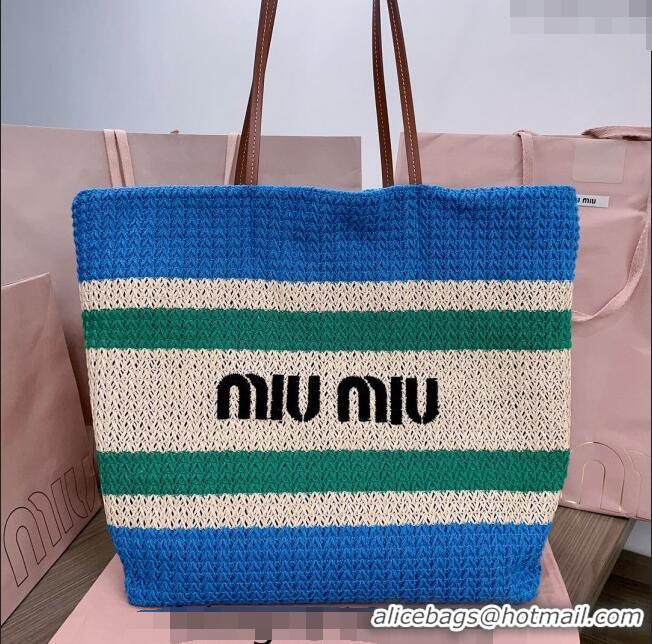 Best Product Miu Miu Crochet fabric tote bag 5BG228 Blue/Beige/Green 2024