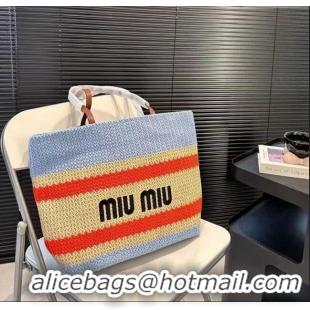 Unique Discount Miu Miu Crochet fabric tote bag 0729 Beige/Light Blue 2024