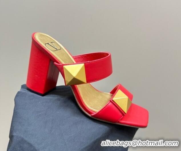 Stylish Valentino Roman Stud Heel Slide Sandals in Calfskin Red 612001