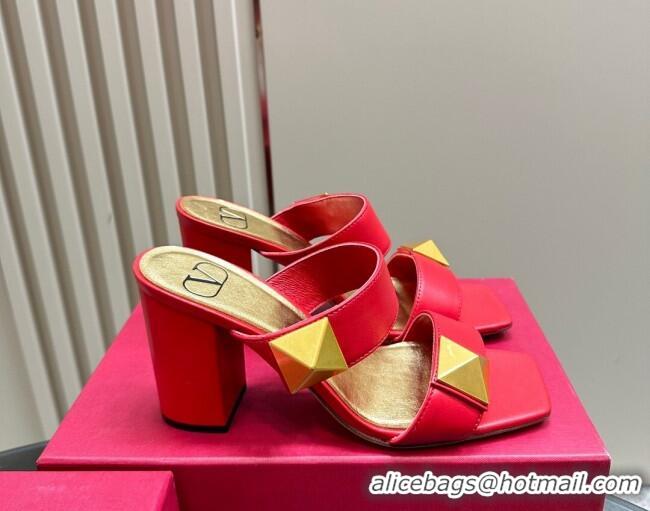 Stylish Valentino Roman Stud Heel Slide Sandals in Calfskin Red 612001