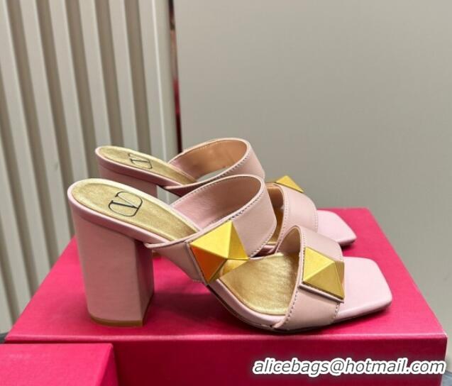 Stylish Valentino Roman Stud Heel Slide Sandals in Calfskin Light Pink 612002