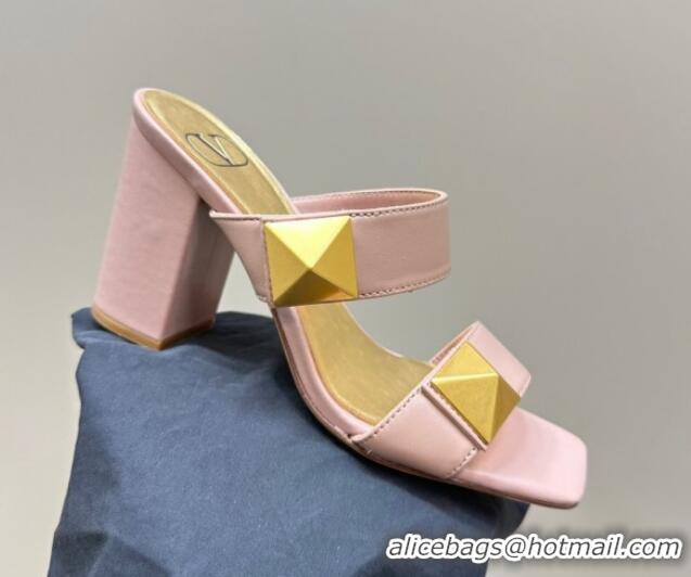 Stylish Valentino Roman Stud Heel Slide Sandals in Calfskin Light Pink 612002