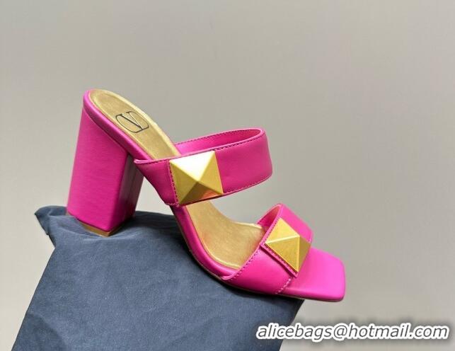 Sophisticated Valentino Roman Stud Heel Slide Sandals in Calfskin Dark Pink 612003