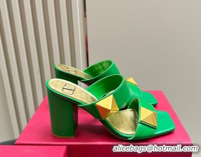 Hot Style Valentino Roman Stud Heel Slide Sandals in Calfskin Green 0612005