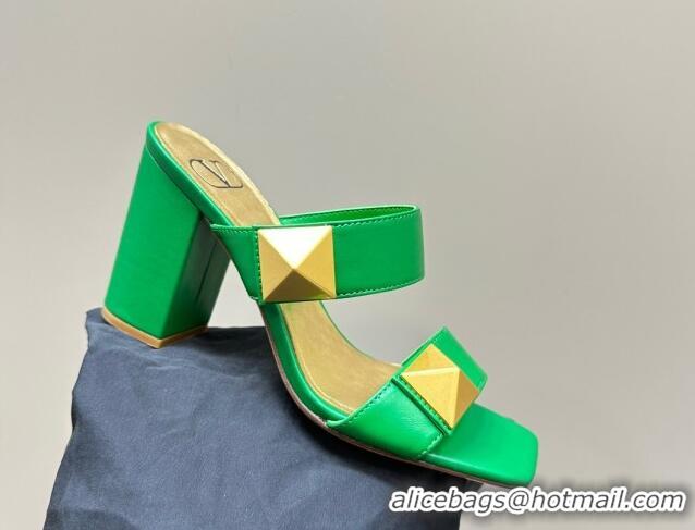 Hot Style Valentino Roman Stud Heel Slide Sandals in Calfskin Green 0612005