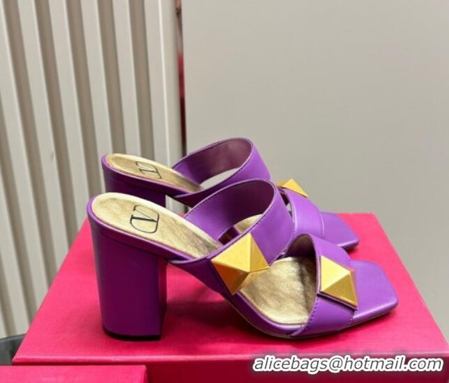 Good Product Valentino Roman Stud Heel Slide Sandals in Calfskin Purple 612006