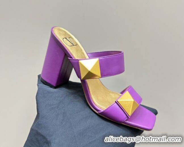 Good Product Valentino Roman Stud Heel Slide Sandals in Calfskin Purple 612006