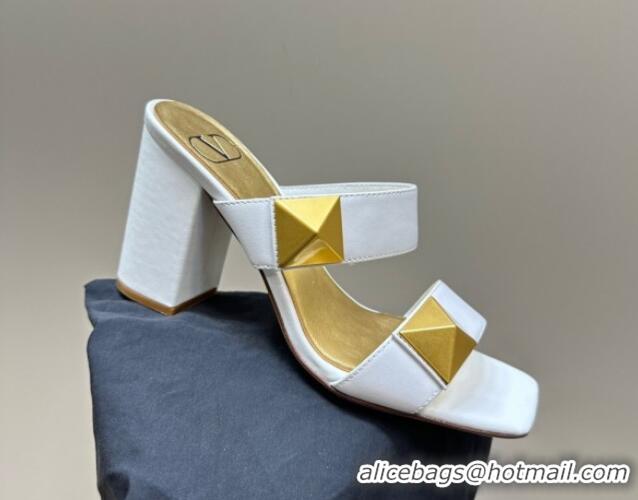 Grade Valentino Roman Stud Heel Slide Sandals in Calfskin White 612008