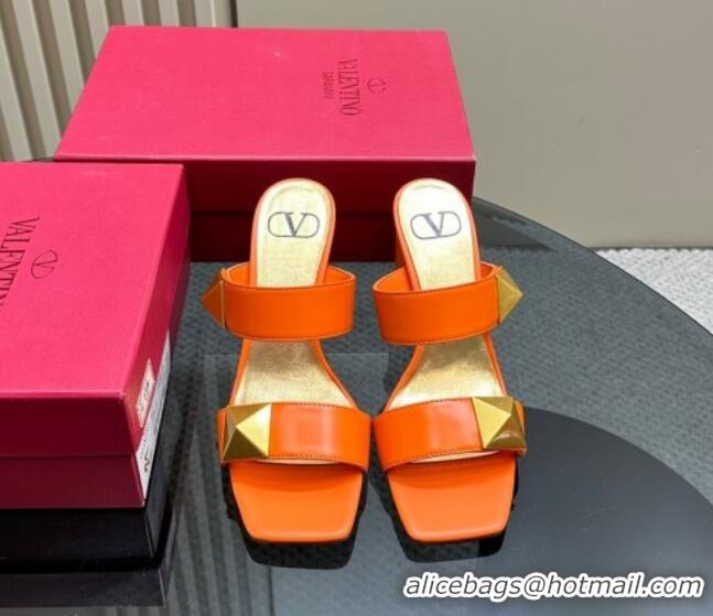 Unique Discount Valentino Roman Stud Heel Slide Sandals in Calfskin Orange 612009