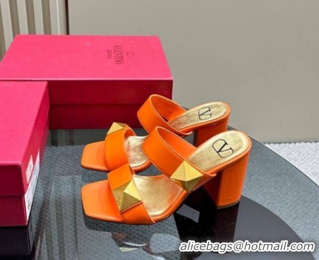 Unique Discount Valentino Roman Stud Heel Slide Sandals in Calfskin Orange 612009