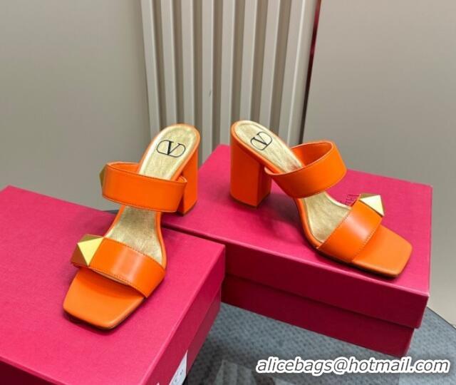 Unique Discount Valentino Roman Stud Heel Slide Sandals in Calfskin Orange 612009