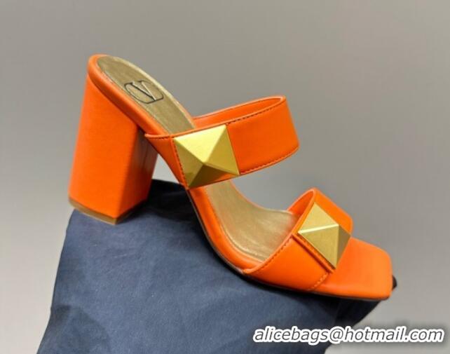 Unique Discount Valentino Roman Stud Heel Slide Sandals in Calfskin Orange 612009