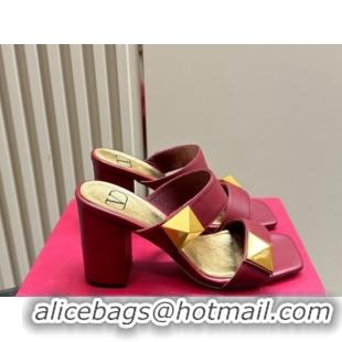 Chic Valentino Roman Stud Heel Slide Sandals in Calfskin Burgundy 612010