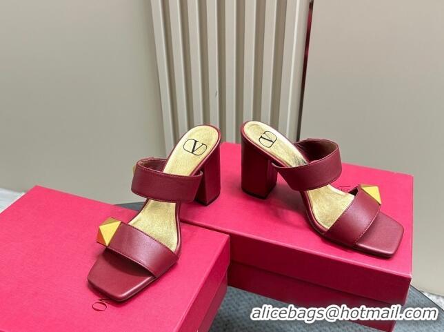 Chic Valentino Roman Stud Heel Slide Sandals in Calfskin Burgundy 612010