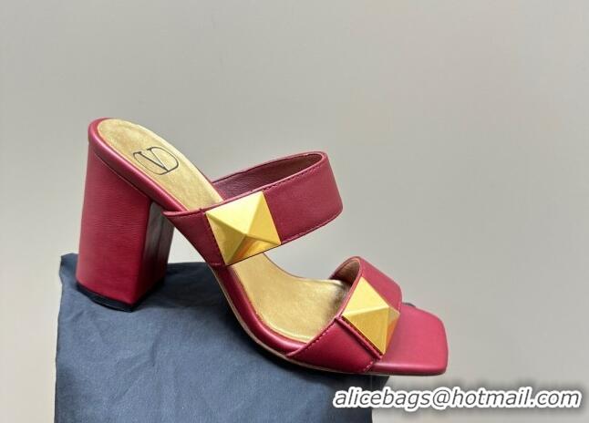 Chic Valentino Roman Stud Heel Slide Sandals in Calfskin Burgundy 612010