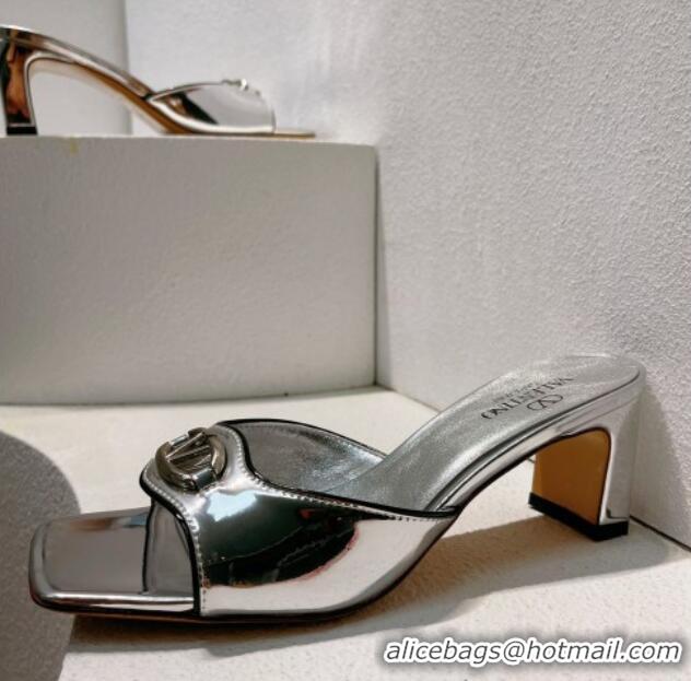 Grade Quality Valentino The Bold Edition VLogo Heel Slides Sandal in Patent Calfskin Silver 612021