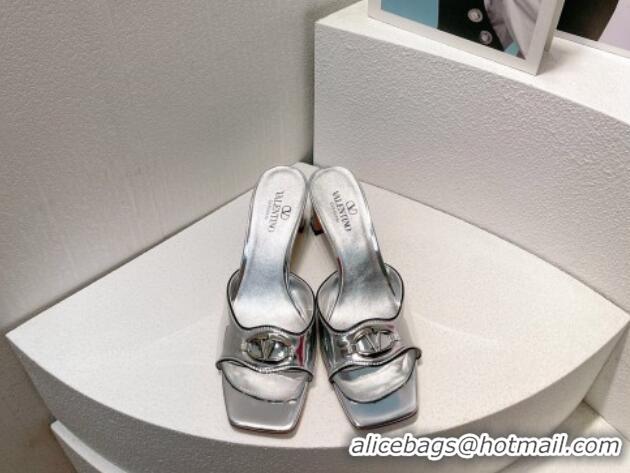 Grade Quality Valentino The Bold Edition VLogo Heel Slides Sandal in Patent Calfskin Silver 612021