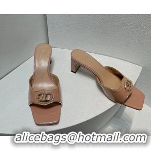 Good Quality Valentino The Bold Edition VLogo Heel Slides Sandal in Patent Calfskin Nude 612023