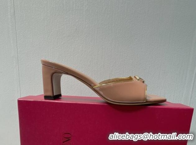 Good Quality Valentino The Bold Edition VLogo Heel Slides Sandal in Patent Calfskin Nude 612023