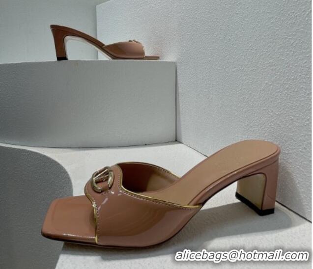 Good Quality Valentino The Bold Edition VLogo Heel Slides Sandal in Patent Calfskin Nude 612023