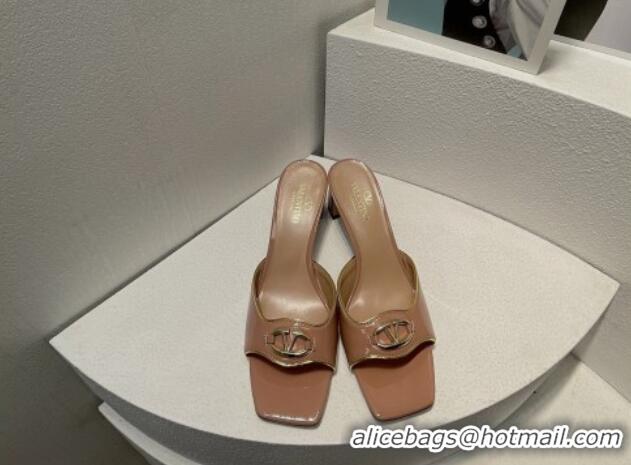 Good Quality Valentino The Bold Edition VLogo Heel Slides Sandal in Patent Calfskin Nude 612023