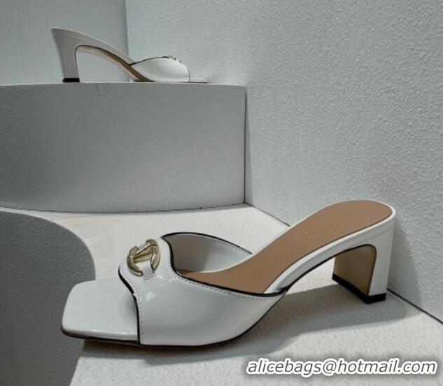 Luxury Valentino The Bold Edition VLogo Heel Slides Sandal in Patent Calfskin White 612028