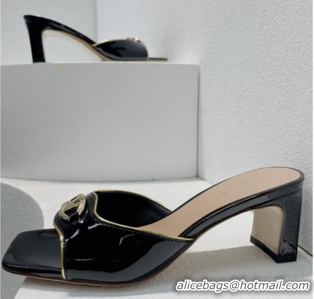 Charming Valentino The Bold Edition VLogo Heel Slides Sandal in Patent Calfskin Black 612029