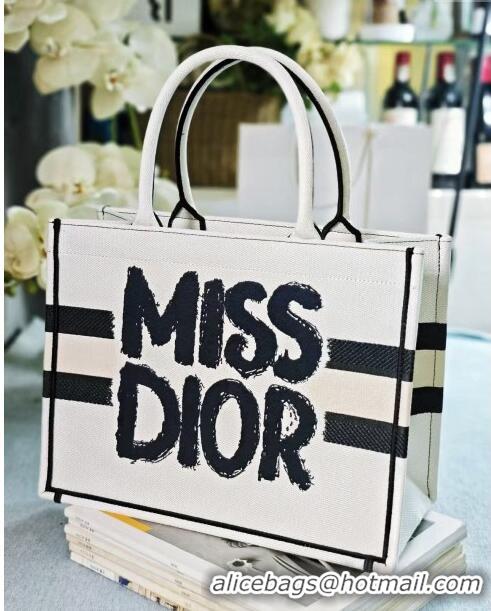 Luxury Discount Dior Medium Book Tote bag in White and Black Miss Dior Graffiti Embroidery D1287 2024