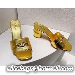 Best Price Valentino The Bold Edition VLogo Heel Slides Sandal in Calfskin Gold 612033