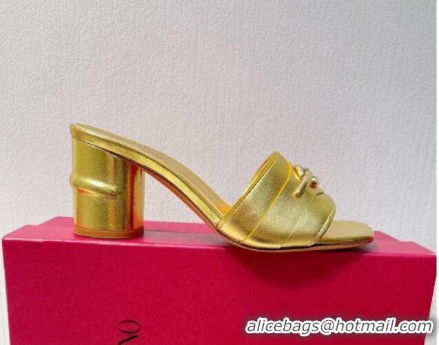 Best Price Valentino The Bold Edition VLogo Heel Slides Sandal in Calfskin Gold 612033