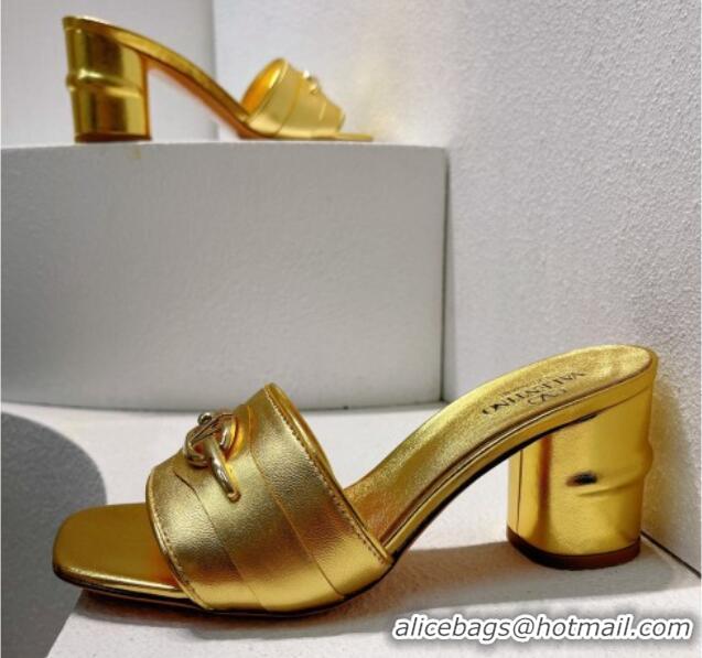 Best Price Valentino The Bold Edition VLogo Heel Slides Sandal in Calfskin Gold 612033