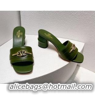 Grade Quality Valentino The Bold Edition VLogo Heel Slides Sandal in Calfskin Dark Green 612035