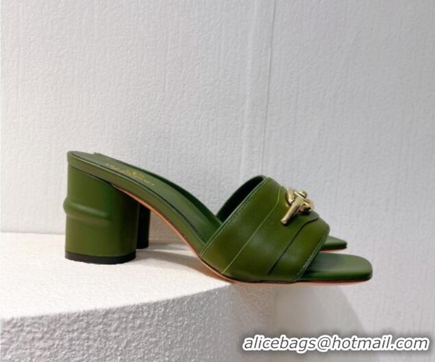 Grade Quality Valentino The Bold Edition VLogo Heel Slides Sandal in Calfskin Dark Green 612035