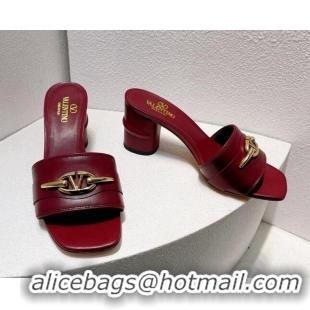 Best Grade Valentino The Bold Edition VLogo Heel Slides Sandal in Calfskin Burgundy 612036