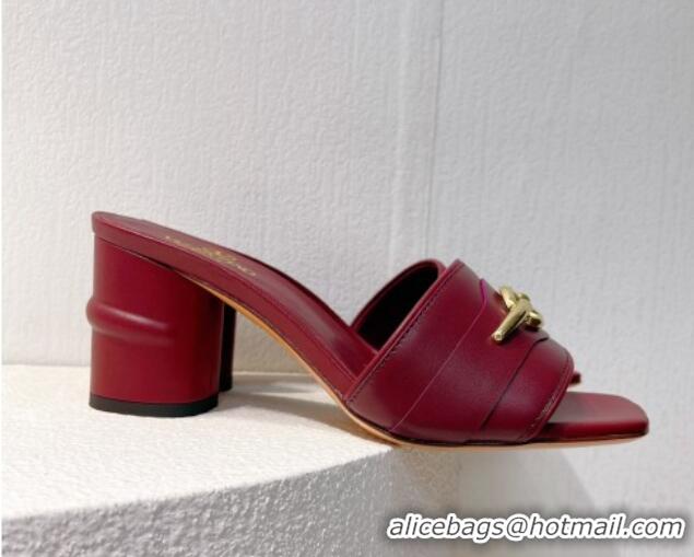 Best Grade Valentino The Bold Edition VLogo Heel Slides Sandal in Calfskin Burgundy 612036